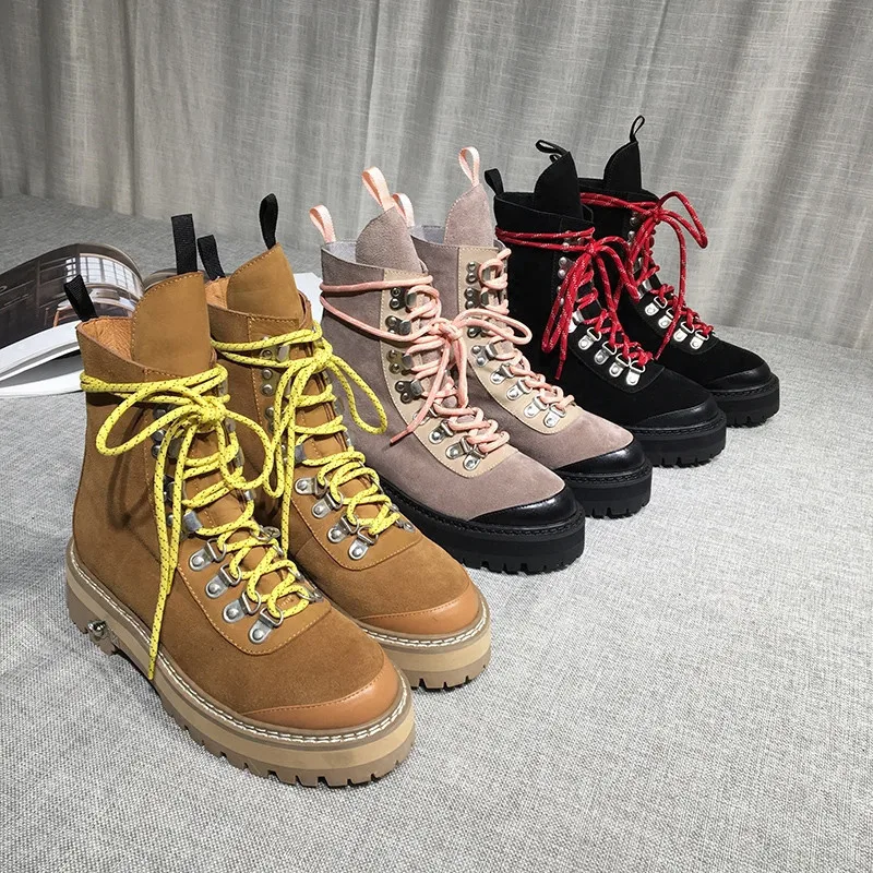 

Ankle Boots Women Med Heels Botas Mujer Lace Up Bota Feminina Platform Shoes Women Leather Zapatos De Mujer Cozy Sapato Feminino