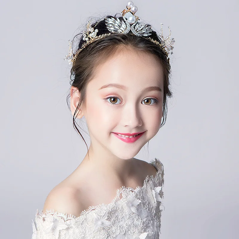 Girls Crown Headdress Princess Children's Crown Birthday Crystal Headband Girl Show Hair Accessories Flower Girl Headdress