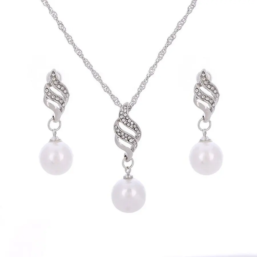 

Simple Indian Jewelry Sets Women Imitation Pearl Crystal Earrings Necklace Pendant Set Wedding Accessories Party Jewellery