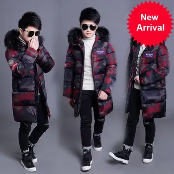 

down winter boys Camouflage jacket Children Medium long kids boy coat children fur collar hooded outerwear 3-16Y