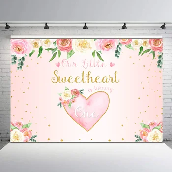 

Happy 1st Birthday Backdrop Little Sweetheart is Turning One Baby Shower Photography Background Pink Flower Love Heart Banner