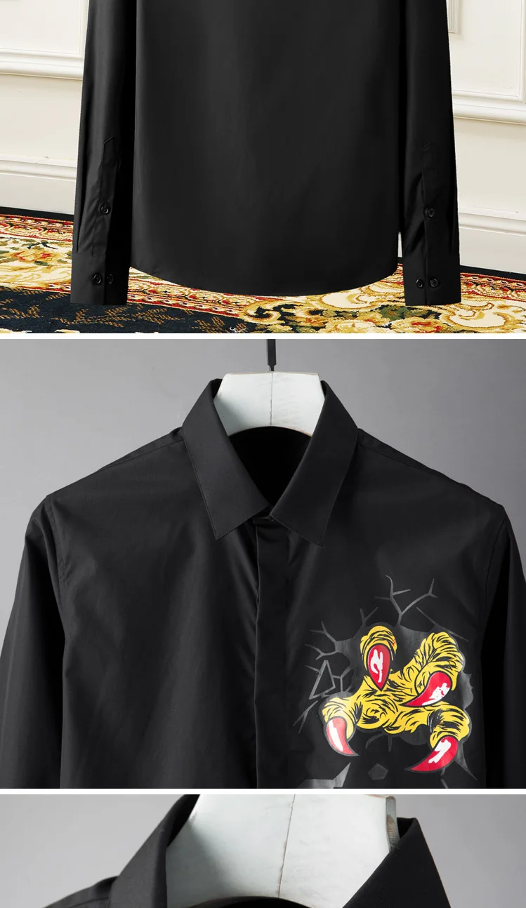 Уникальная мужская рубашка с принтом, с длинными рукавами, тонкая, Chemise homme, черные, белые, очаровательные повседневные мужские рубашки, рабочая одежда, мужская одежда, Camisas