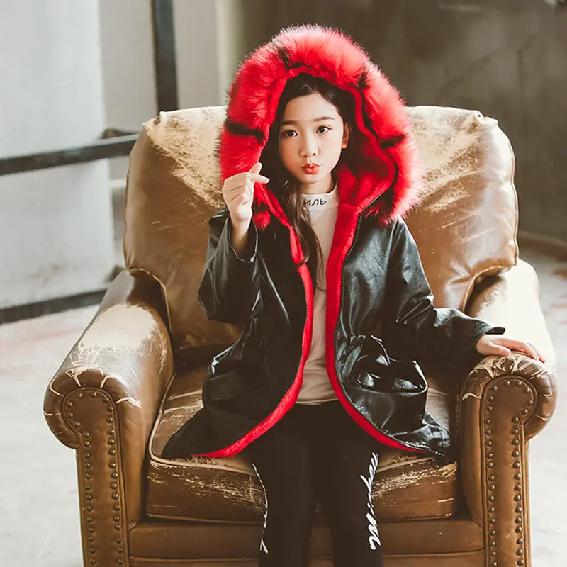 

Faux Leather Coat Girls Long Leather Red Hooded Elastic Waist Leather Fleece Fabric Jacket 2019 Autumn Winter Outerwear for Girl