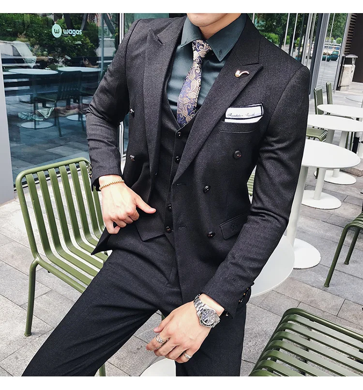 Куртка+ брюки) High-end вышивка одноцветная мужские, повседневные, деловые двубортный костюм 2 предмета в комплекте жениха, свадебное платье, смокинг