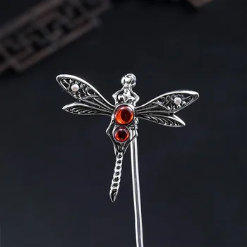 

Vintage Black Dragonfly Hair Accessories for Women Red Agate Hair Jewelry Wedding 925 Sterling Silver Hair Stick Hair Ornaments