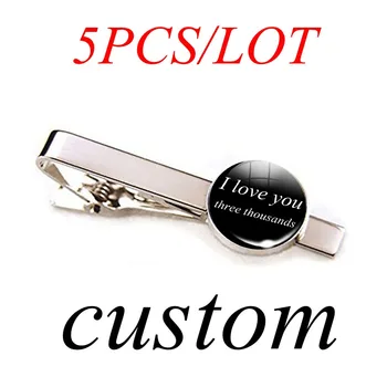 

5 PCS/lot Wholesale Custom Photo Text Tie Clip for Men Silver Color Metal Tie Clamp Pins Wedding Party Accessories
