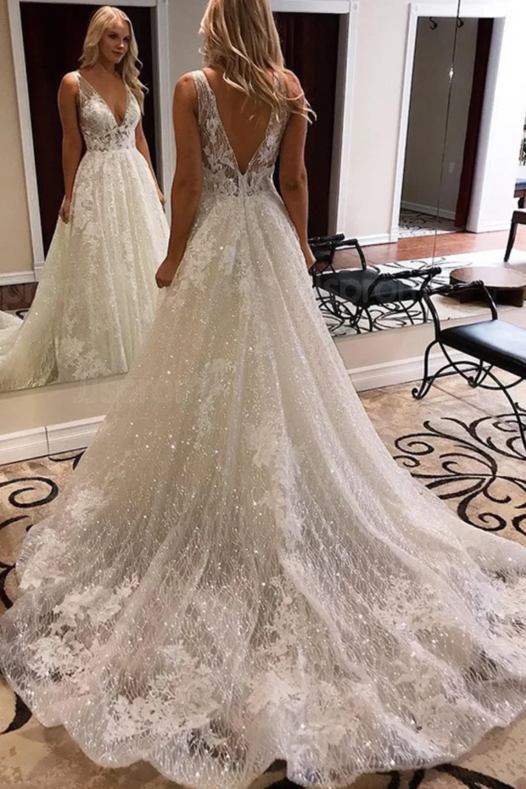 LORIE abiti da sposa con Glitter in pizzo avorio abiti da sposa da spiaggia  in Tulle lucido Boho eleganti abiti da festa di nozze aperti indietro lungo  treno|Wedding Dresses| - AliExpress