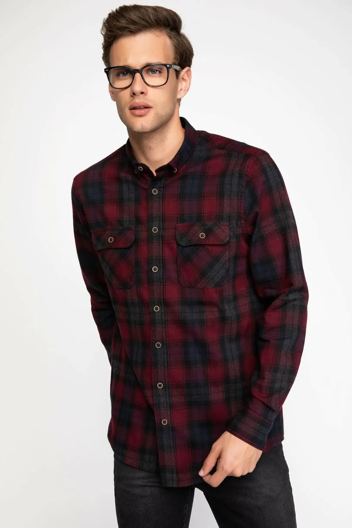 

DeFacto Classic Men Autumn Plaid Cotton Casual Shirt Red Black Grid Pattern Long Sleeve Men Top Shirts Dual Pockets J0602AZ18WN