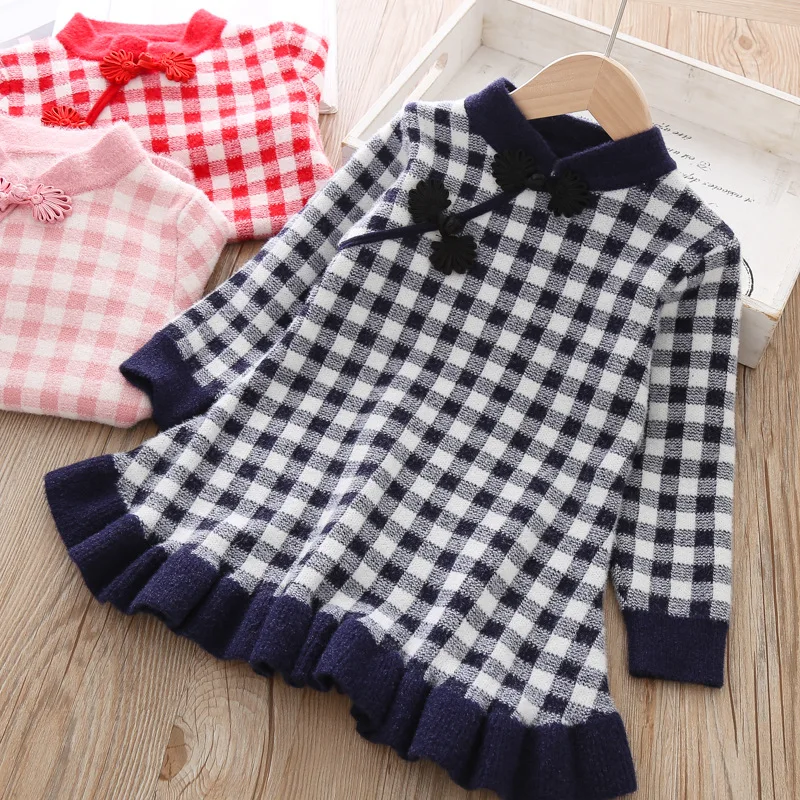 Модное платье-свитер для маленьких девочек; вязаное платье принцессы в китайском стиле для детей; Милая зимняя одежда для малышей; детский зимний свитер