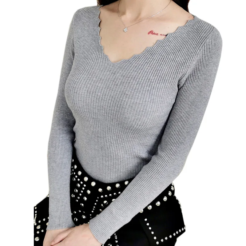 Women Sweater Sexy V Neck Women Knitted Sweaters 2019 Basic V-neck Solid Autumn Winter Sweater Pullover Knitted Sweater