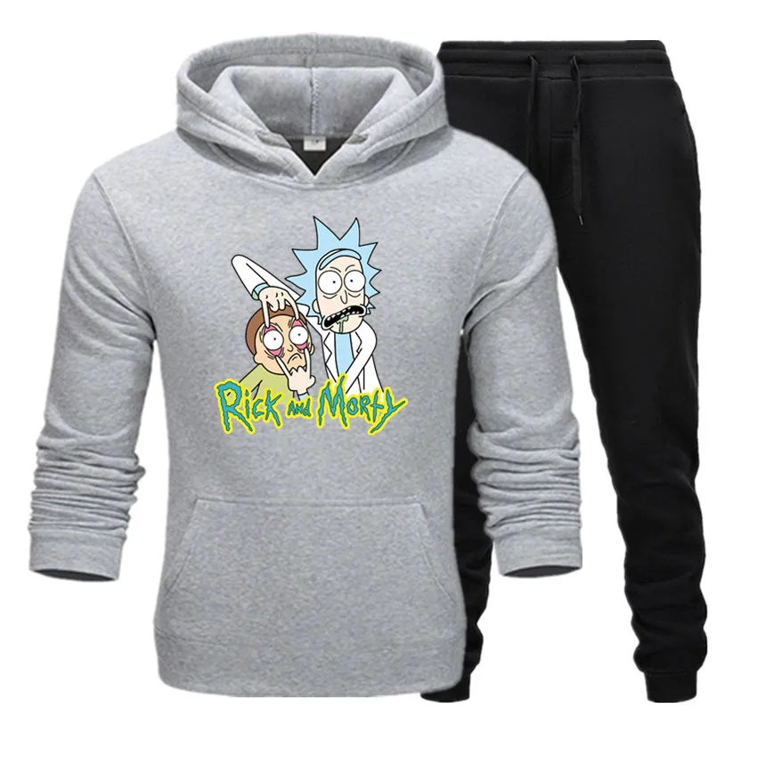 Мужские и женские спортивные толстовки с принтом Rick and morty, мужские флисовые толстовки в стиле хип-хоп+ длинные брюки, костюм, Приталенная толстовка с капюшоном