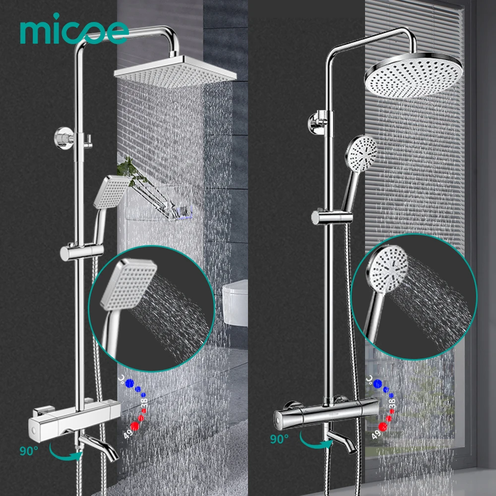 Preise MICOE dusche set thermostat dusche mischer Chrom wasserhahn körper kupfer casting wasserhahn 5 modus düse