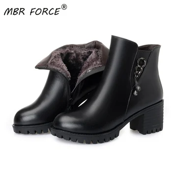 

MBR FORCE Wool Snow Boots Woman Leather Shoes Plush Wool Warm Non-slip Bottom Ankle Boots Platform for Women Winter Shoes Black