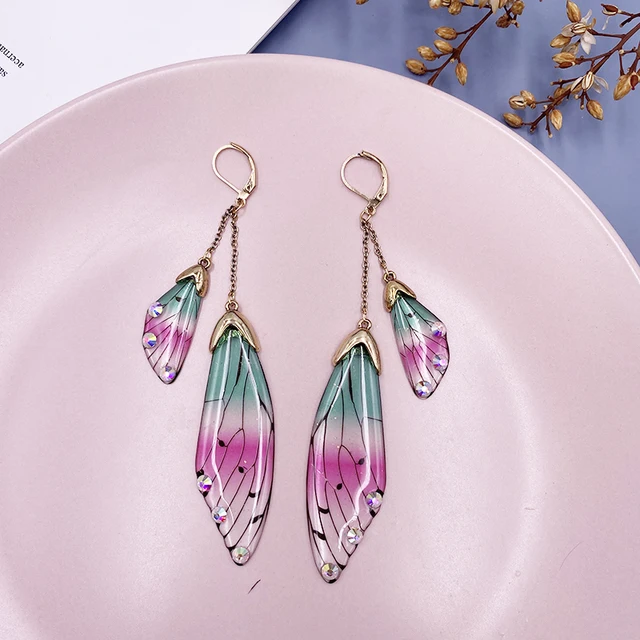 Fairy Resin Butterfly Earrings for Women Shining Crystal Flake Double Wing Long Drop Earrings Ladies Wedding Party Jewelry 2020 CP-Pink Green