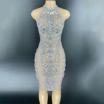 

Sparkly Rhinestones See Through Sleeveless Short Dress Women Birthday Celebrate Crystal Party Dress Evening Prom Outfit Bar Wear
