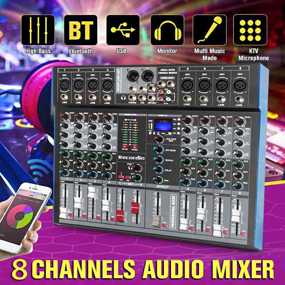 GAX-ET8 Professional 8 Channel blueteeth Audio Mixer USB High Bass Mixing Console MP3 Karaoke Amplifier DJ Equipment