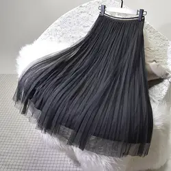 2018 новые летние товары, плиссированная юбка в Корейском стиле, юбка из сетчатой ткани с эластичной резинкой на талии, пышная юбка, Женская