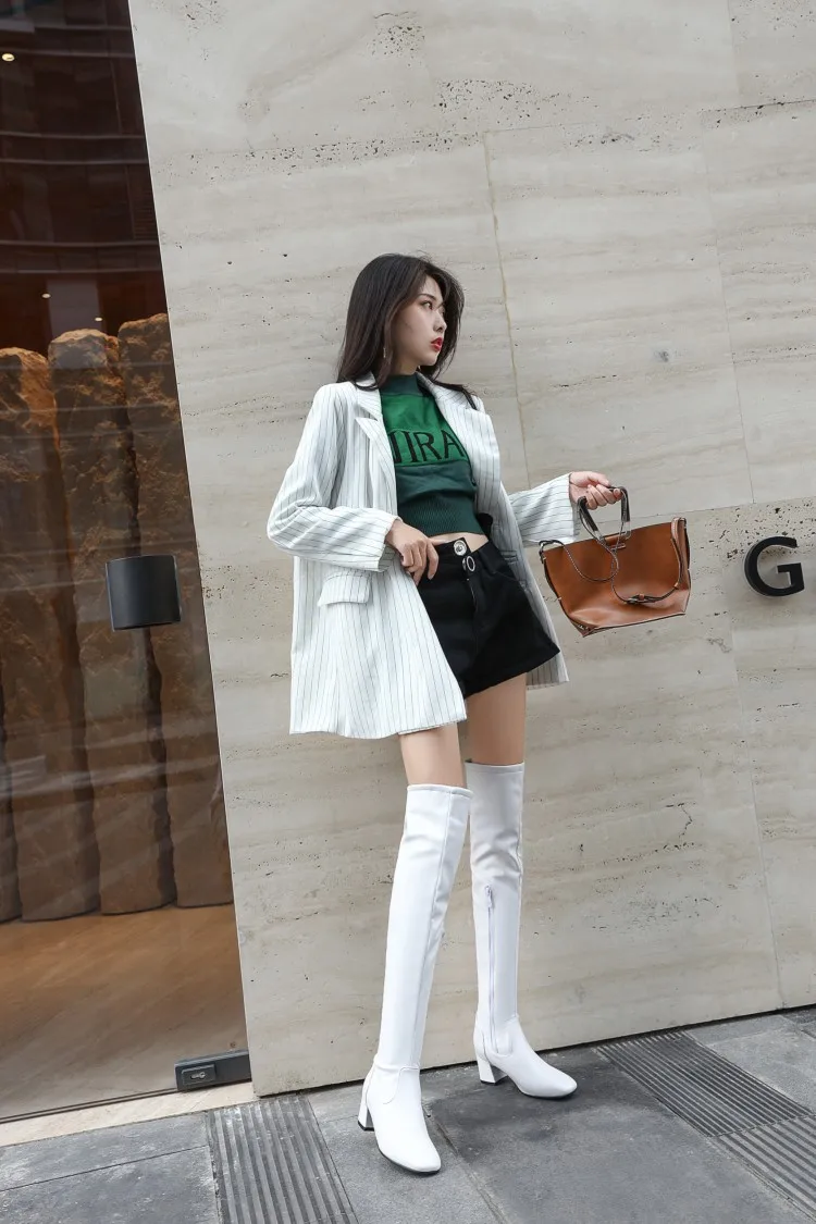 Women's Boots Autumn Winter Warm High Heels Square Toe Pu Over The Knee Zip Thick Heel New Sexy Fashion Black White