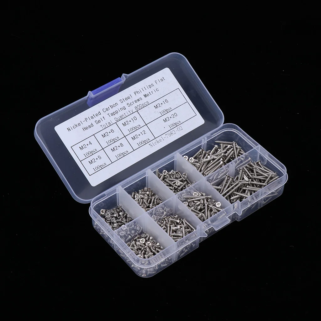 800Pcs M2 Assorted Cross Phillips Pan Head Self Tapping Screws Set With Box