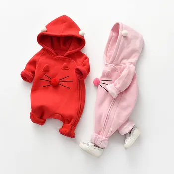 

Spring Autumn Jumpsuits Baby Newborn Double-layer kittens Embroidered Cute Baby Out Hooded Warm Romper Boys Girl Clothes