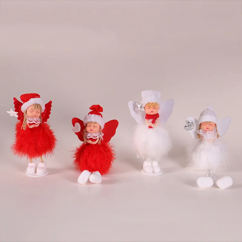 Милая плюшевая кукла-ангел с красными и белыми перьями, рождественское настольное украшение, Рождественская елка, подвеска, окно, дисплей, украшения, Рождественский подарок