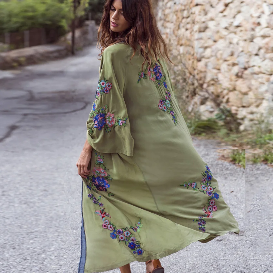 TEELYNN Long Boho Cardigan Floral Embroidery Beach Bikini Cover Up Kaftan Kimono Robe Summer Loose Women Blouses beach cover swimsuit cover