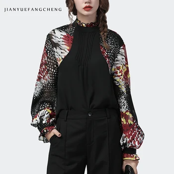 

Fashion Black-Red Printed Women Chiffon Blouse Splicing Long Sleeve Ladies Spring Summer Top New Female Casual Office Blouses