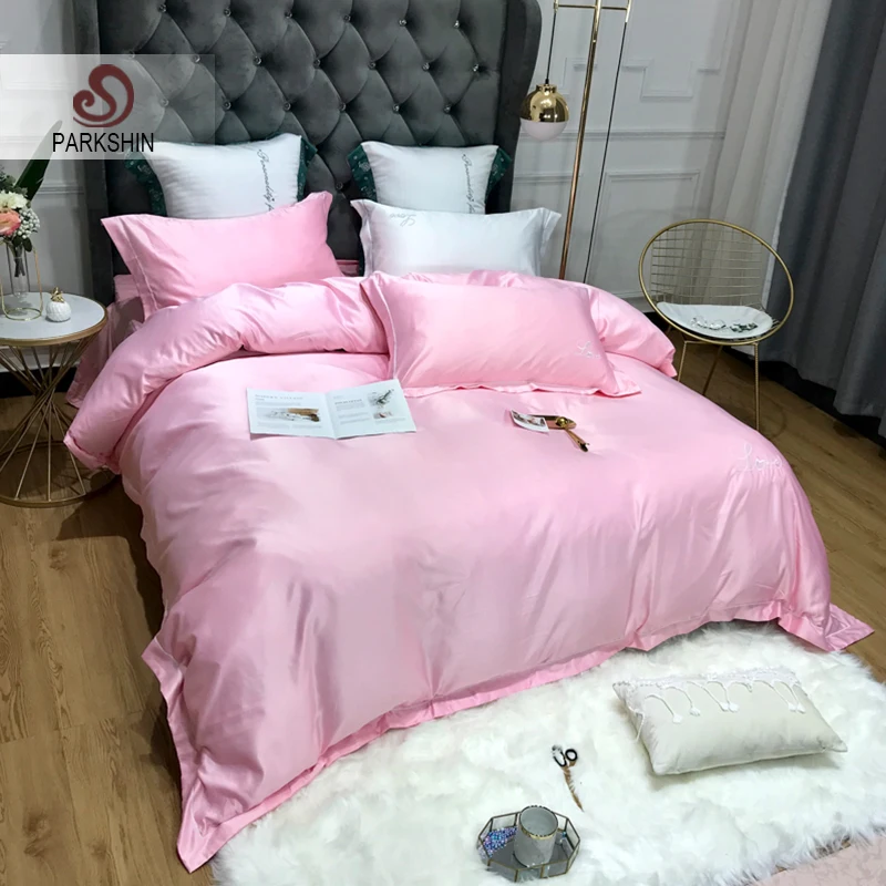 

ParkShin Luxury Pink Satin Silk Bedding Set Pure Color European Style Embroidery Bed Sheet Quilt Cover Pillowcase Duvet Cover