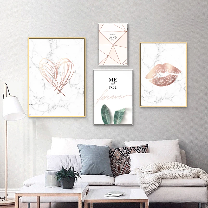 Abstract Lines Canvas Painting Plant Leaf Poster ME And YOU Quote Wall Art Picture Pink Gold Lip Pictures For Bedroom Decor | Дом и сад