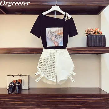 

Personalized Streetwear Two piece Rivets Jeans Set Women Off shoulder Beaded T-shirt + Tassel Denim Shorts Suits Female