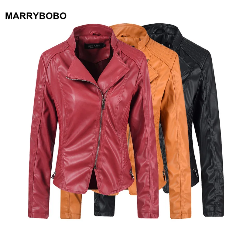 

2019 Autumn Winter Women PU Leather Motorcycle Jacket Coats Casual Stand Neck Bevel Zipper Up Jackets Lady Slim Outwear Tops
