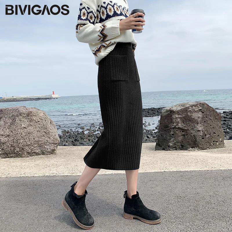 Pocket style-Black BIVIGAOS Осень-зима новинка вязаные юбки женские с разрезом длинные повседневные модные высокая талия юбка-карандаш сексуальная узкая юбка средней длины юбка женская юбка теплая юбка зимняя юбки женские осень зима - Цвет: Pocket style-Black