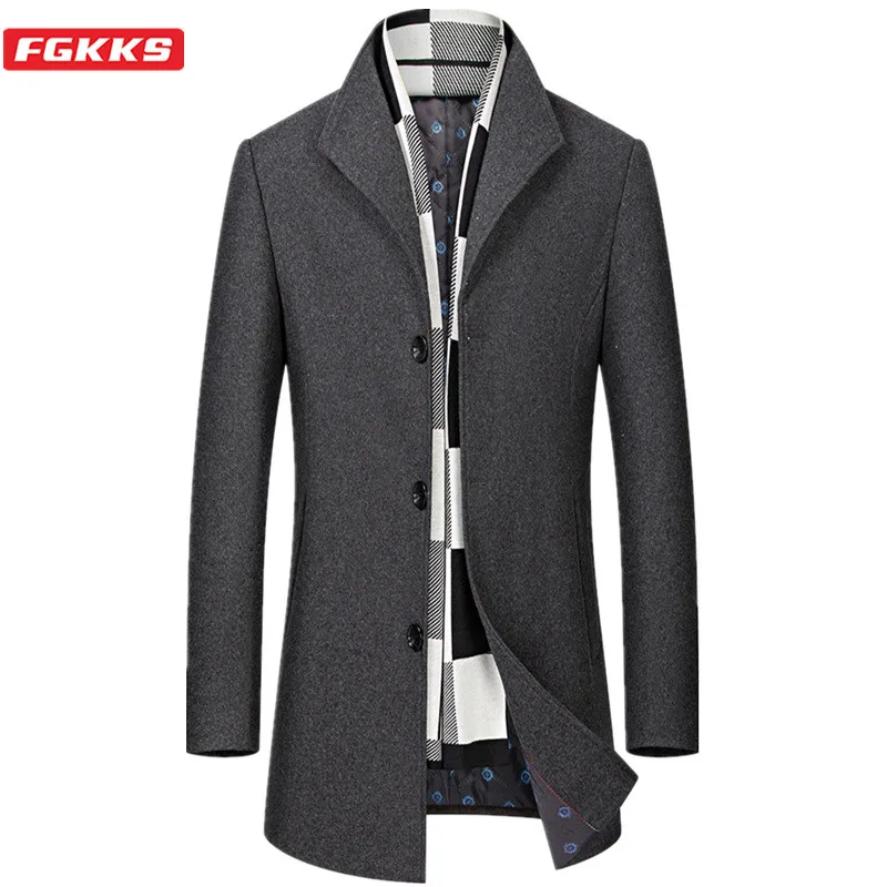 FGKKS Men Wool Blend Coat Winter New Men's Casual Wild Wool Overcoat Quality Brand Male Solid Color Wool Coat (Send scarf FGKKS Men Wool Blend Coat Winter New Men's Casual Wild Wool Overcoat Quality Brand Male Solid Color Wool Coat (Send scarf