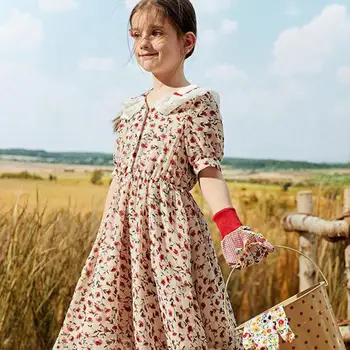 

Korean Trendy Girl Kid Children Lovely Doll Collar Lace Contrast Piping Floral Printed White Dress Sweet Dresses Casual Vacation