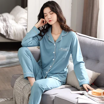 

BZEL New Autumn Solid Pajama Set Turn-Down Collar Sleepwear Cotton Women's Pyjamas Long Sleeves Long Pants Nightwear Pijamas 4XL