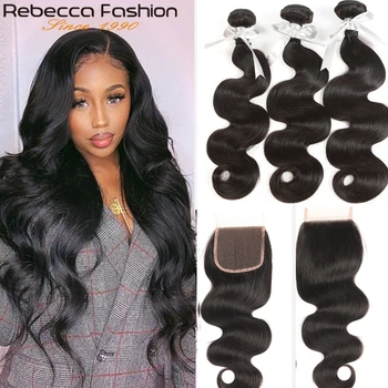 

Rebecca Body Wave Bundles With Closure Remy Human Hair 3 Bundles With Closure Brazilian Weaves Human Hair With Closure Long inch