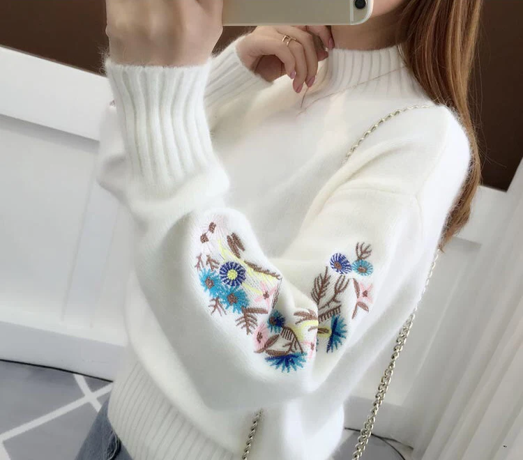 RealShe Autumn Sweater Women 2019 Turtleneck Full Sleeve Embroidery Thick Cashmere Sweater Women Elegant Fall Sweaters For Women