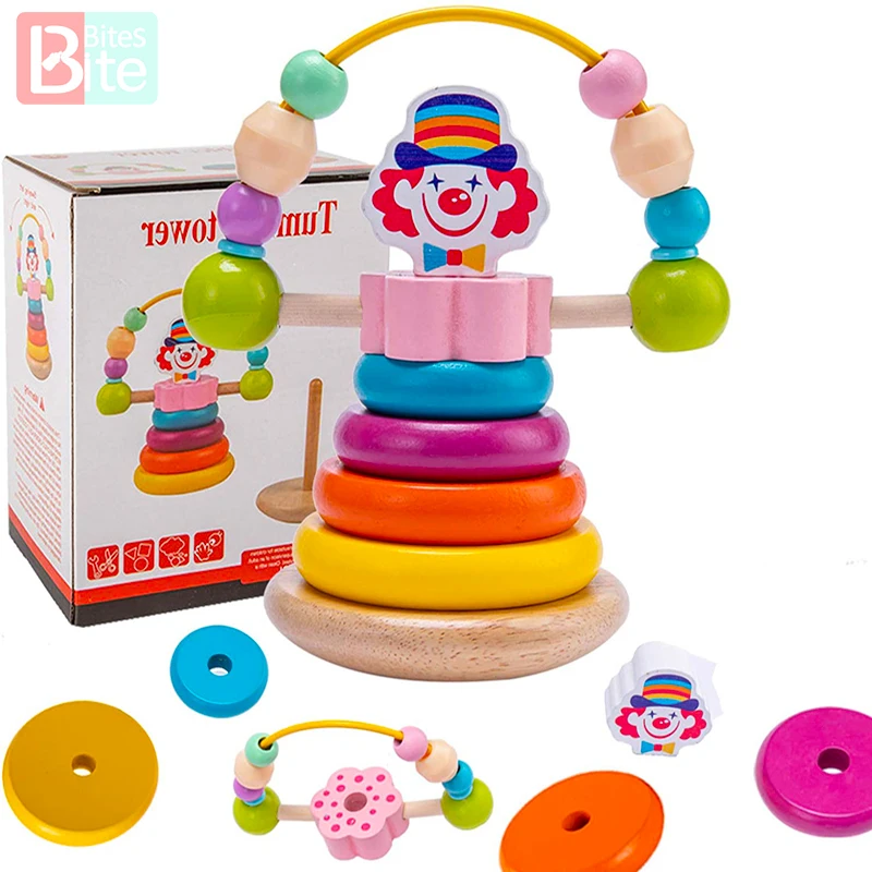 

Montessori Wooden Toys Rotating Clown Rainbow Circle Pagoda Children's Stacked Building Blocks Baby Early Educational Puzzle Toy
