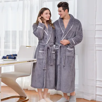 

Warm Coral Fleece Men Kimono Gown Robe Winter Warm Lovers Sleepwear Nightdress Soft Solid Men Bathrobe Gown Intimate Lingerie