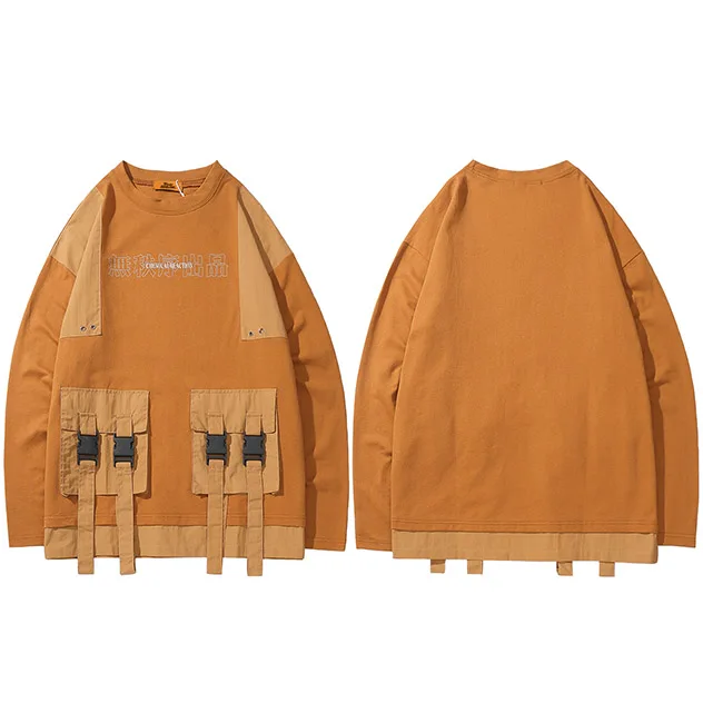 Orange Harajuku пуловер толстовки мужские Хип Хоп Уличная китайский Kanji печати свободного покроя с карманами пуловеры Джемперы для молодых мужчин - Цвет: Orange