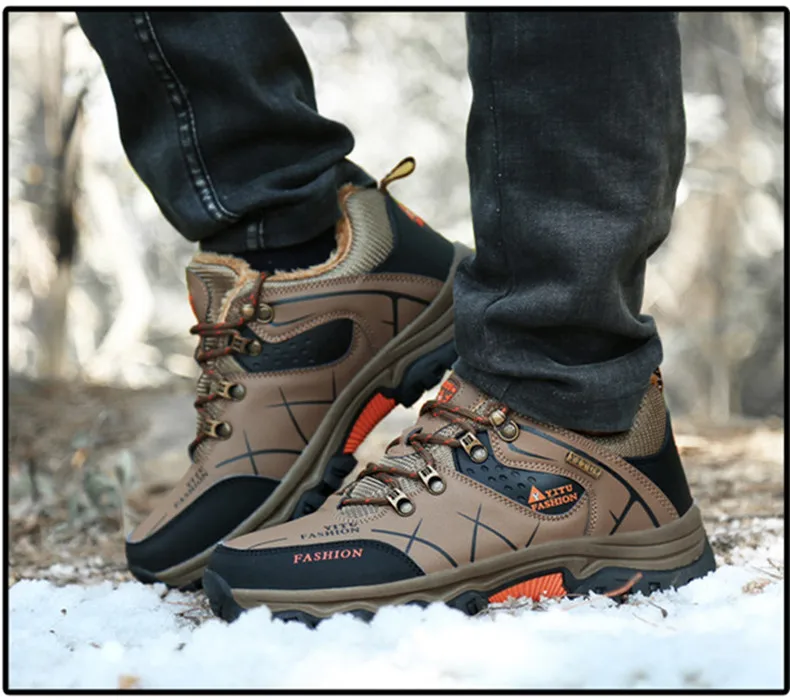 Yhebke/Брендовые мужские зимние ботинки; теплые супер-мужские кожаные кроссовки высокого качества; мужские походные ботинки; обувь; Размер 39-47; черный цвет