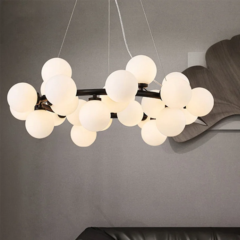 Modern White Glass Ball LED Chandelier Nordic Style Living Room Dining Room Kitchen Decoration Home Lighting Golden Black Lamp