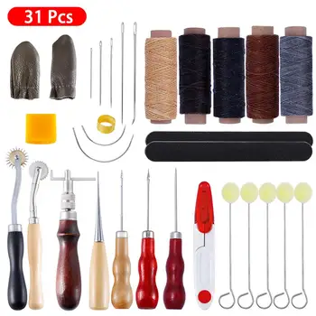 

31 Pcs Leather Craft Hand Stitching Tools Leather Sewing Supplies DIY Tools with Saddle Groover Punch Needle Tools Wood Metal