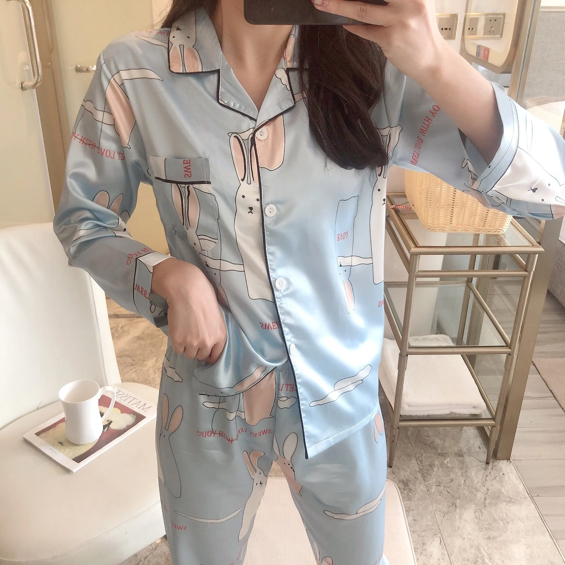 

184 # Bunny Cardigan JZ Long Sleeve Sweet Pajamas Homewear Set Series