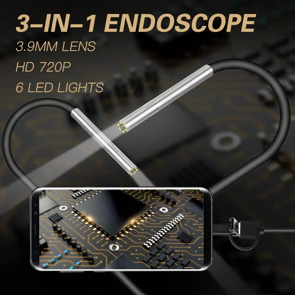 Cámara endoscópica de 3,9mm, endoscopio con lente pequeña, Android, 6 LED, Micro USB tipo C, 3 en 1, inspección impermeable, boroscopio para PC Android