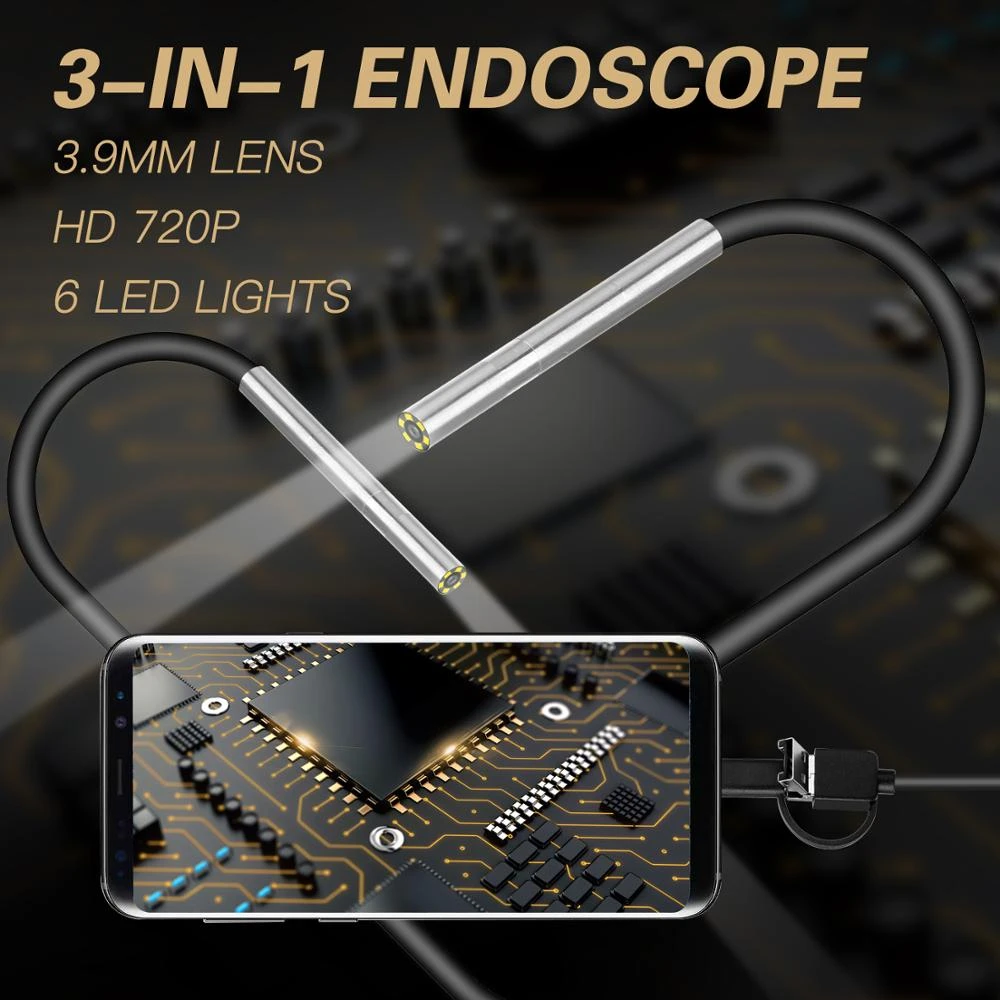 3.9mm Endoscope Camera Tiny Lens Android Endoscope 6 LED Micro USB Type C 3 in 1 Waterproof Inspection For Android PC Borescope surveillance camera system