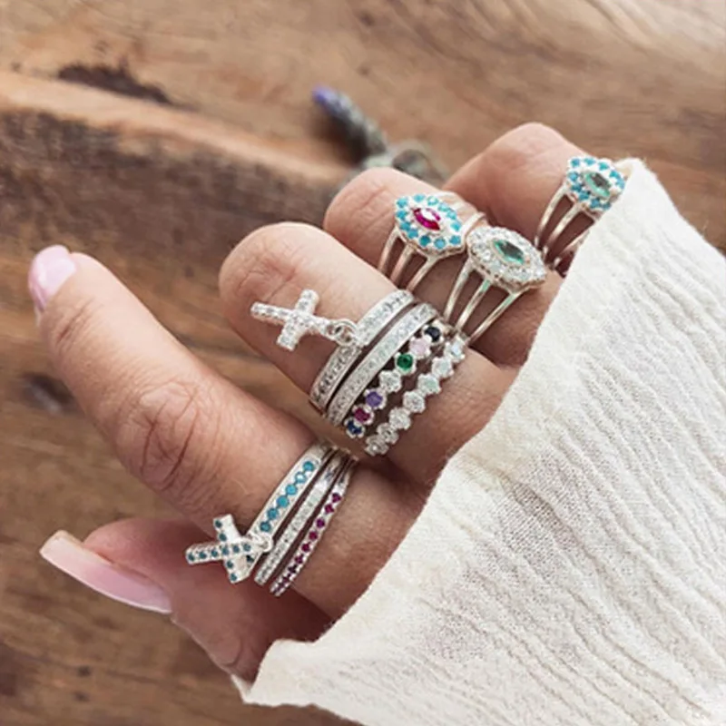 

10 Pcs/Set Classic New Design Rings Colorful Crystal Cross Eyes Silver Women Finger Ring Set for Party Gifts Jewelry Hot Selling