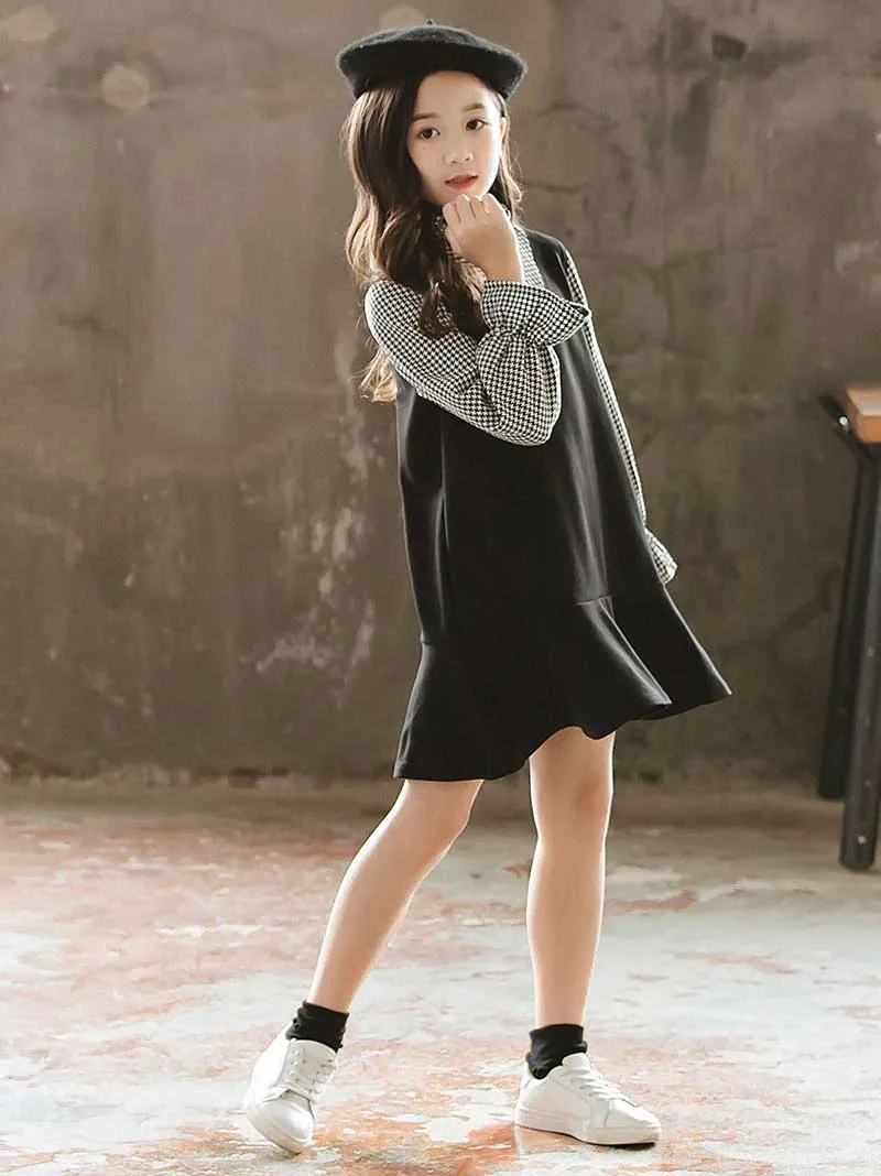 school lantern sleeve cotton dress teenager girl plaid patchwork kids dresses for girls 10 14 12 9 4 years autumn spring winter (11)