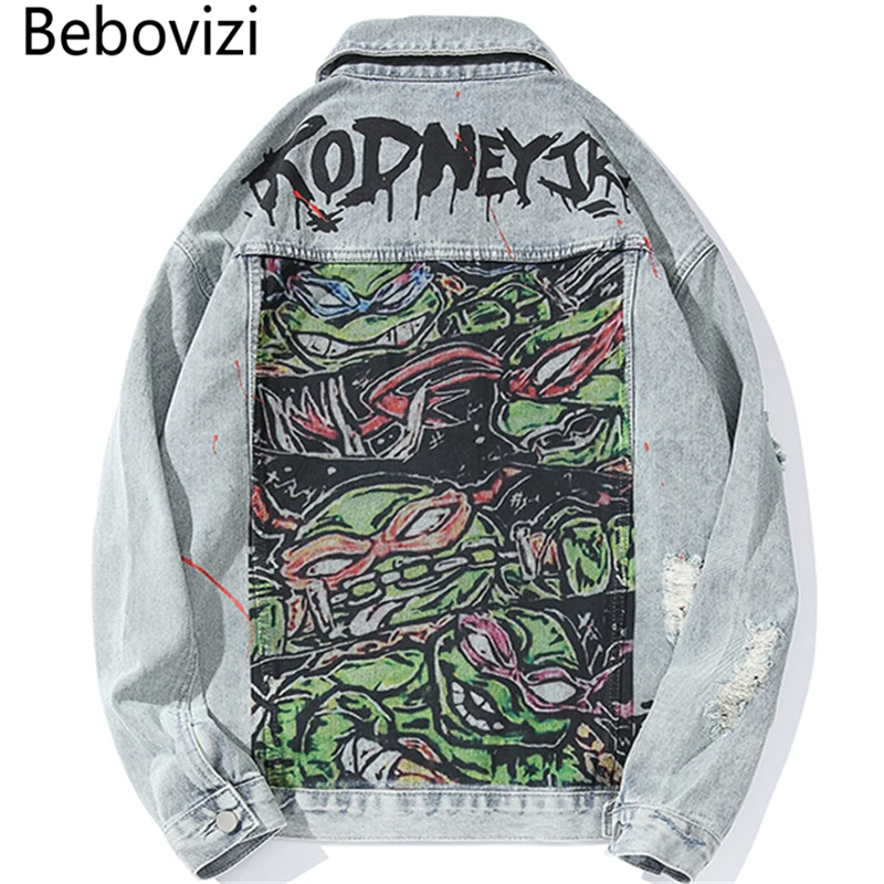 

Bebovizi 2019 Japan Style Hip Hop Anime Print Denim Jacket and Coats Streetwear Tops Fashion Man Ripped Jacket Clothes