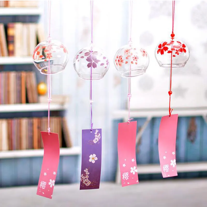 1pcs Romantic Crafts Japanese Cherry Blossom Glass Wind Chimes Bells Home Garden Office Ornament Indoor Window Hanging Decor 3